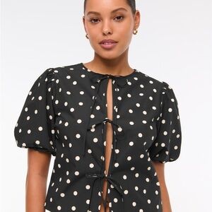 Abercrombie & Fitch Black Polka Dot Tie-Front Puff Sleeve Top